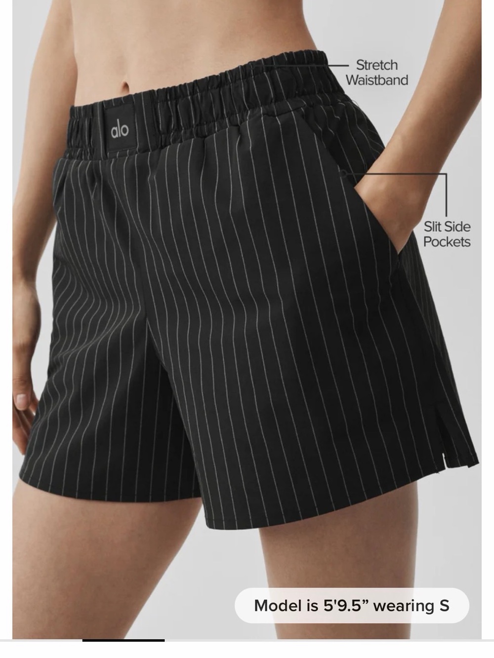 ALO Yoga Black Pinstripe Elastic-Waist Shorts